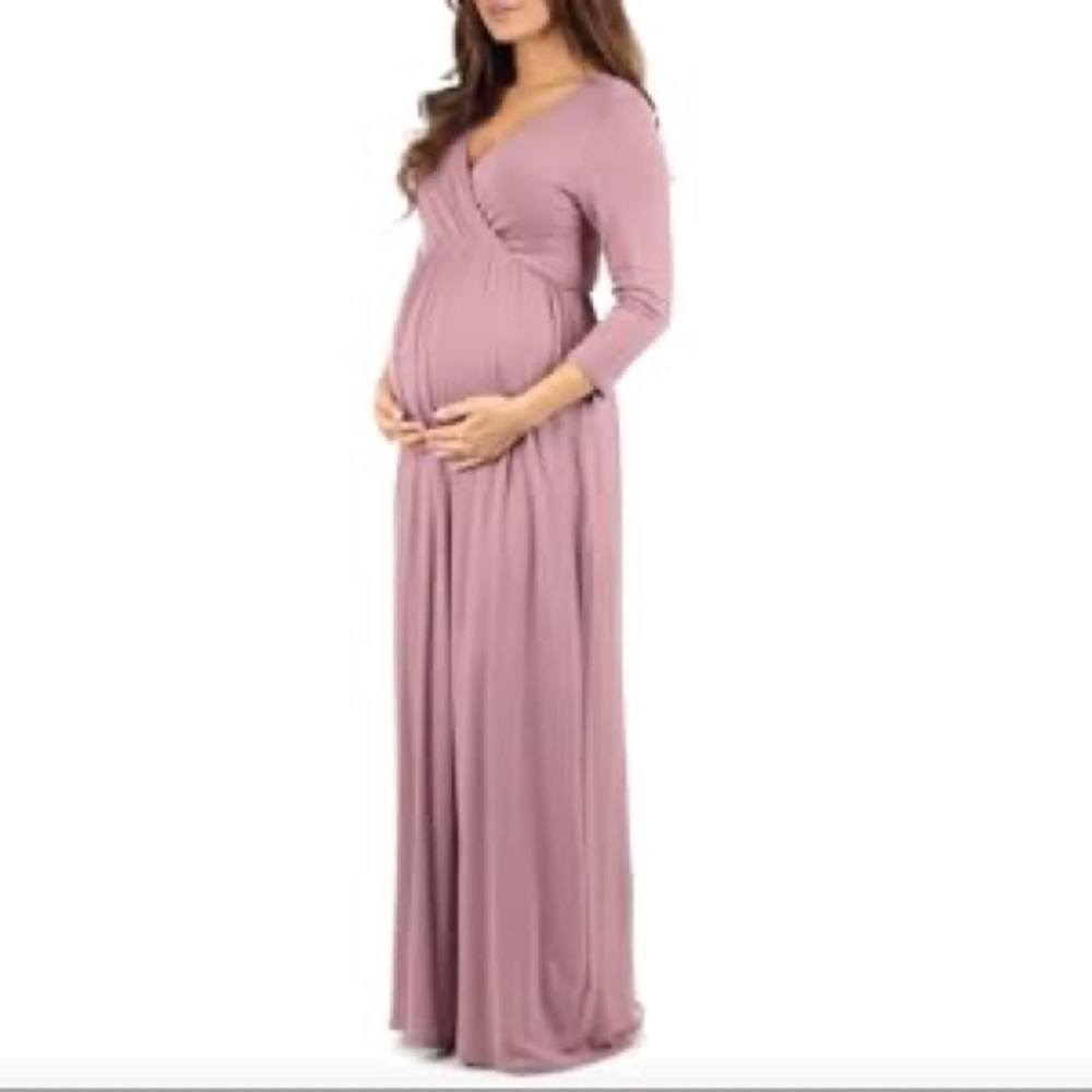 Mother Bee Maternity V-Neck 3/4 Sleeve Ruched Waist Dress in Light Mauve